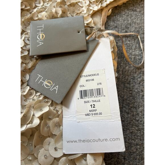 $695 NWT Theia Beige Short Sleeve Beaded Petal Appliqué A-Line Dress Sz 12 - Picture 10 of 12